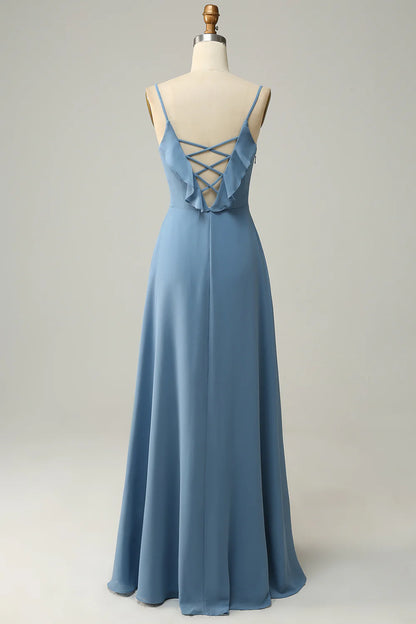 Vestido de dama de honor largo azul grisáceo con volantes y tirantes finos de Amzcw 