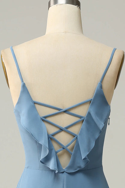 Vestido de dama de honor largo azul grisáceo con volantes y tirantes finos de Amzcw 