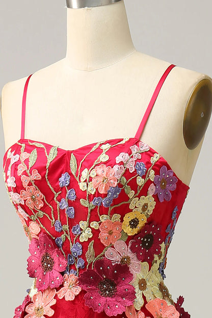 Vestido de fiesta largo burdeos con tirantes finos, corte A y apliques de Amzcw 