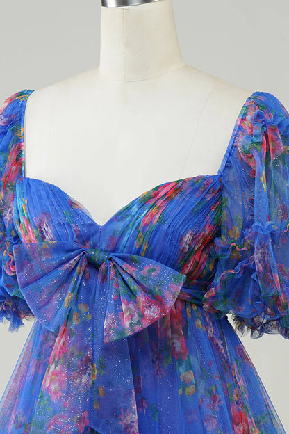 Amzcw Dark Blue A-Line Puff Sleeves Tulle Short Homecoming Dress with Bow