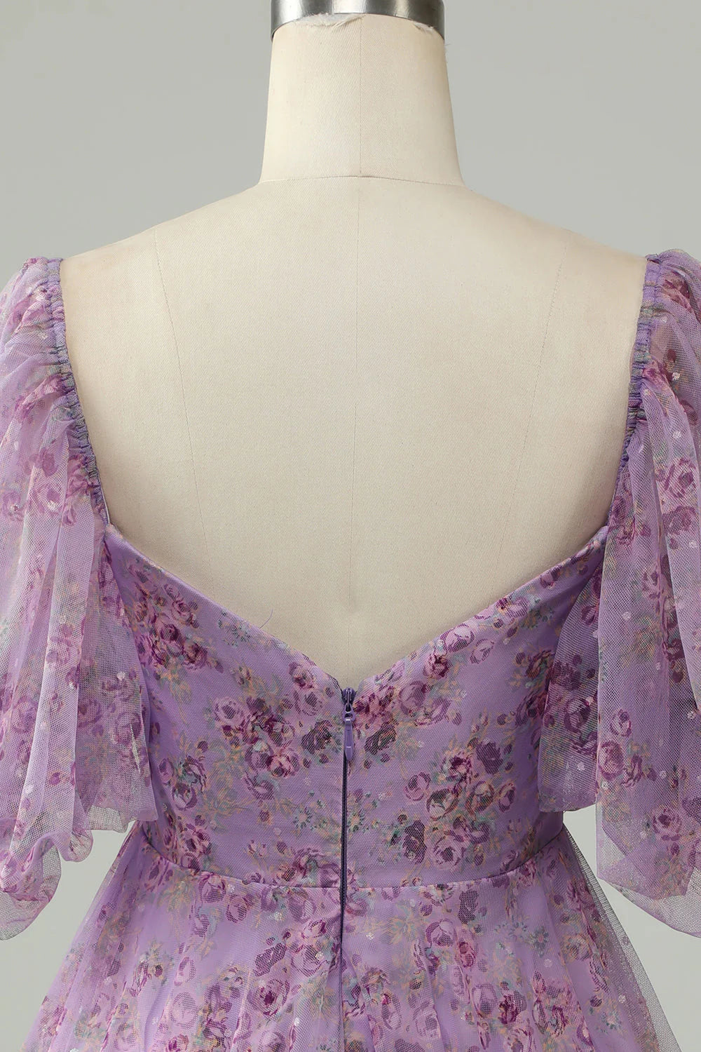 Amzcw Purple A Line Tulle Bow Print Short Homecoming Dress With Puff Sleeves