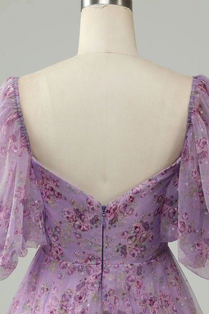 Amzcw Purple A Line Tulle Bow Print Short Homecoming Dress With Puff Sleeves