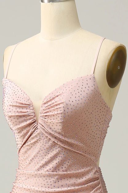 Vestido de fiesta largo color rubor con tirantes finos de sirena y cuentas de Amzcw 