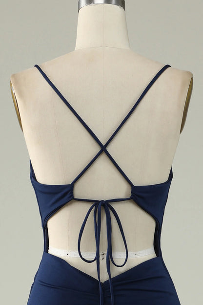 Sukienka wieczorowa Amzcw Mermaid Spaghetti Straps w kolorze granatowym w dużym rozmiarze z rozcięciem z przodu 