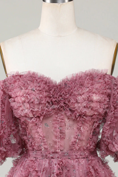 Amzcw Stylish Dusty Rose A Line Off the Shoulder Tulle Short Homecoming Dress