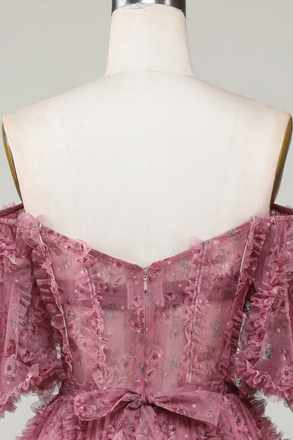 Amzcw Stylish Dusty Rose A Line Off the Shoulder Tulle Short Homecoming Dress