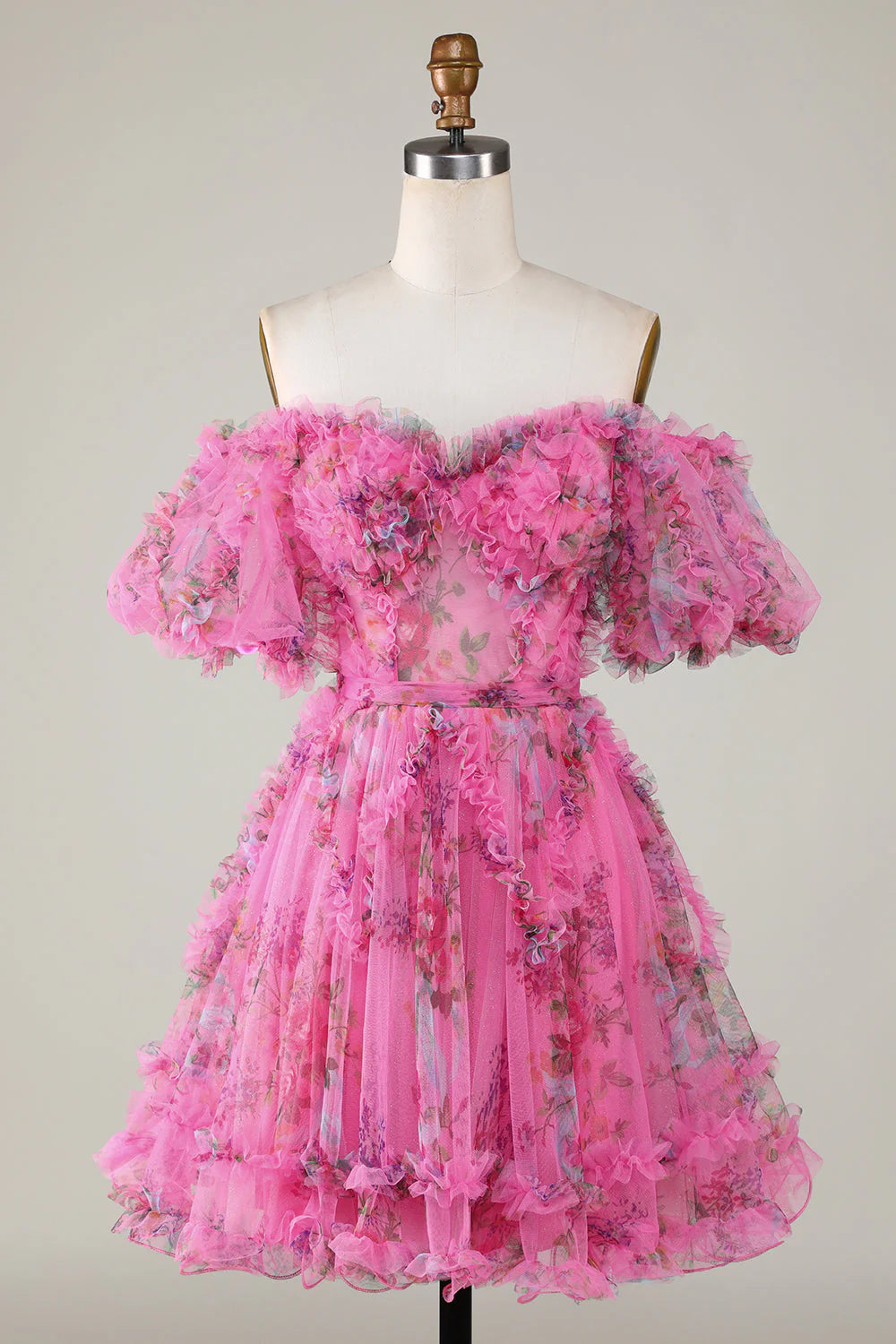 Amzcw Fuchsia A Line Off the Shoulder Floral Tulle Short Homecoming Dress with Short Sleeves
