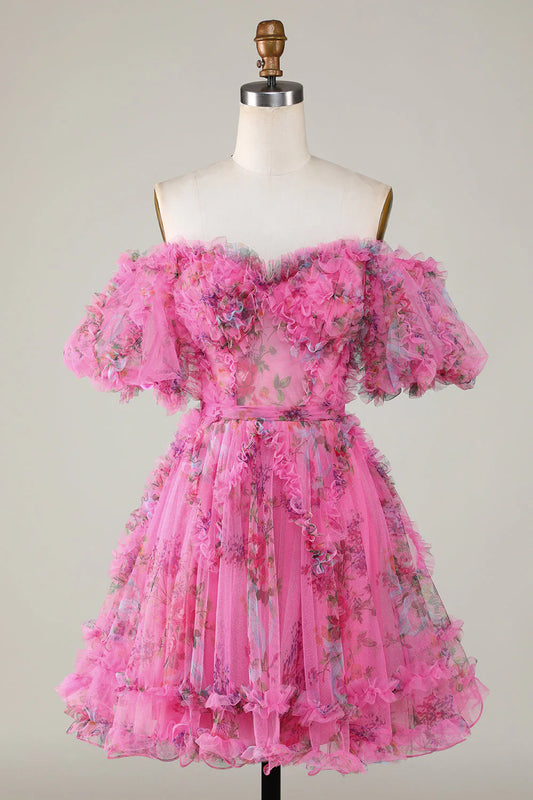 Amzcw Fuchsia A Line Off the Shoulder Floral Tulle Short Homecoming Dress with Short Sleeves