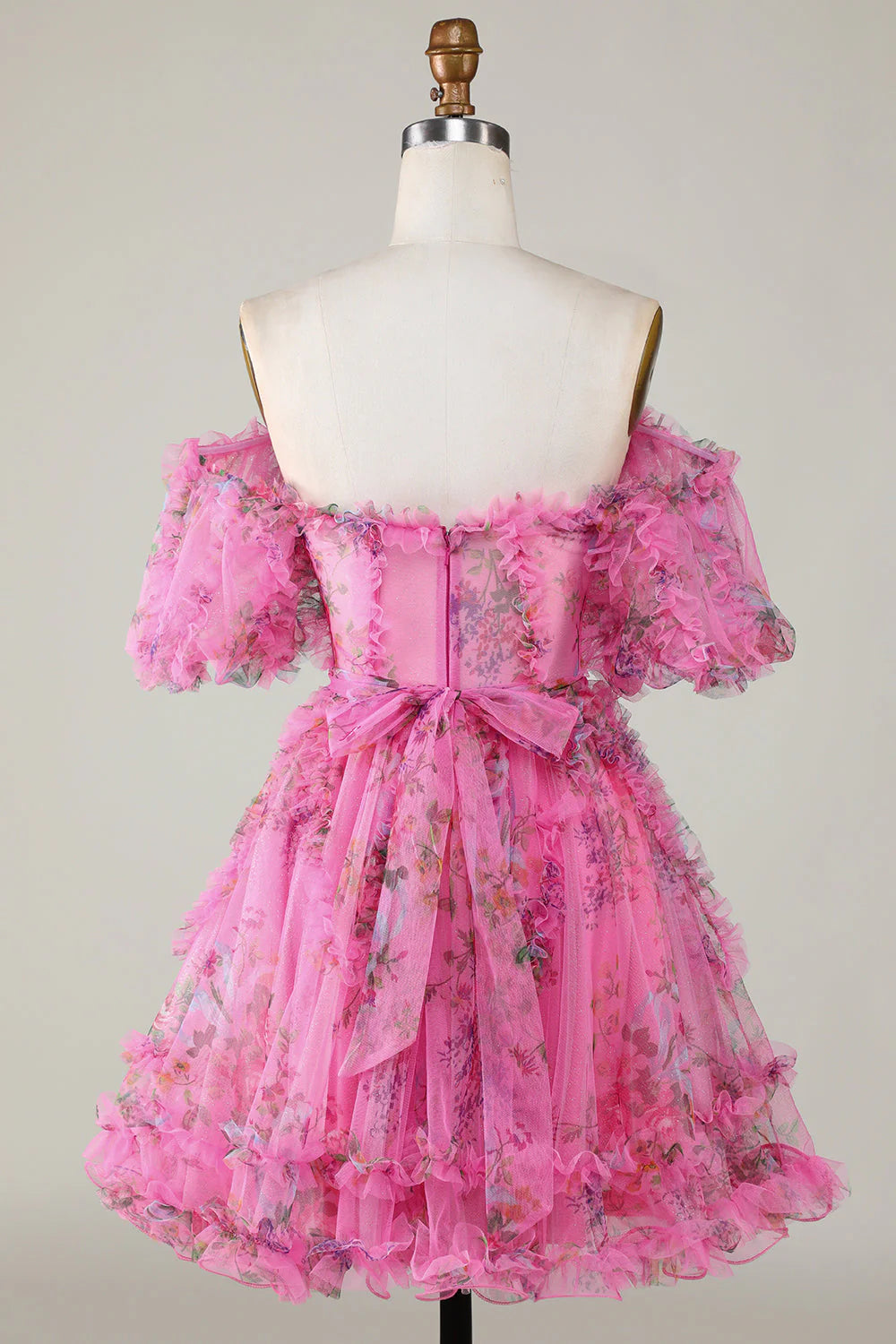 Amzcw Fuchsia A Line Off the Shoulder Floral Tulle Short Homecoming Dress with Short Sleeves