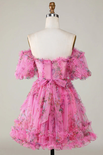Amzcw Fuchsia A Line Off the Shoulder Floral Tulle Short Homecoming Dress with Short Sleeves
