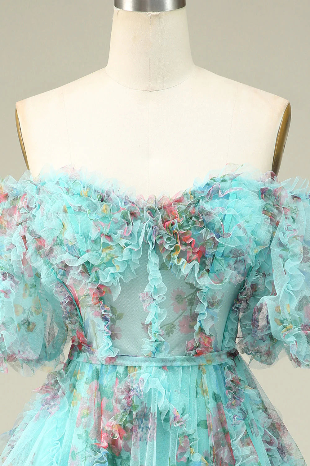 Amzcw Cute A Line Off the Shoulder Green Tulle Short Homecoming Dress with Short Sleeves