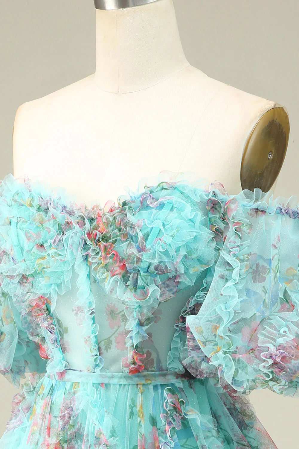 Amzcw Cute A Line Off the Shoulder Green Tulle Short Homecoming Dress with Short Sleeves