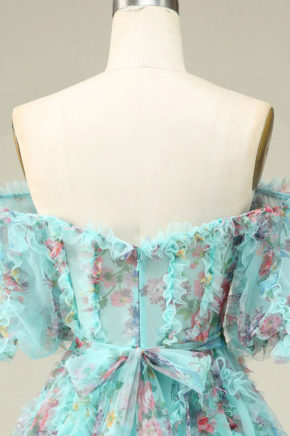 Amzcw Cute A Line Off the Shoulder Green Tulle Short Homecoming Dress with Short Sleeves