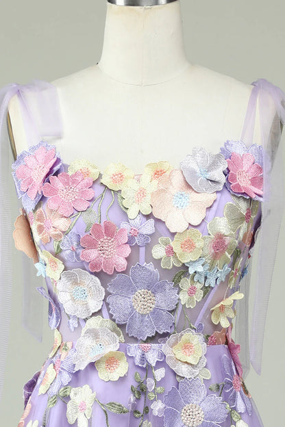 Vestido de fiesta morado Amzcw de corte A con tirantes finos y flores 3D, largo hasta la rodilla 