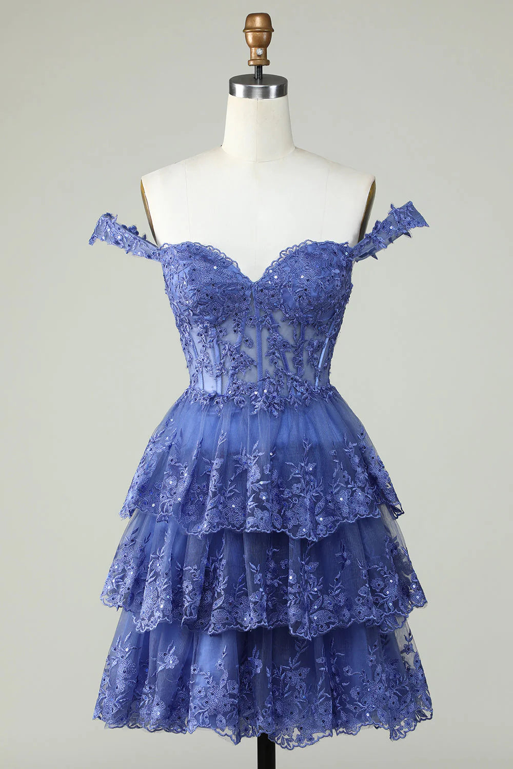 Amzcw Cute A Line Corset Tiered Short Dark Blue Homecoming Dress with Lace