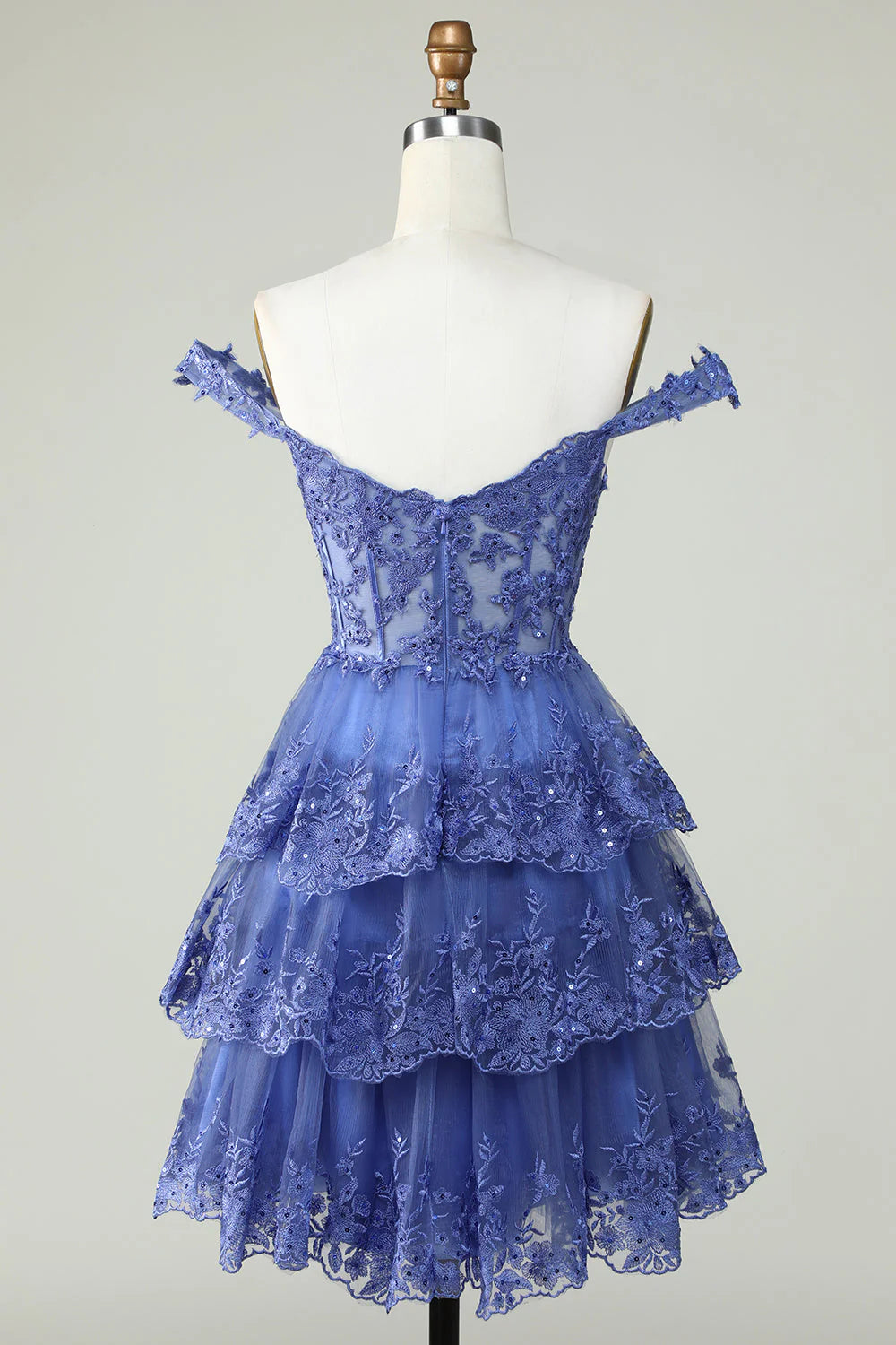 Amzcw Cute A Line Corset Tiered Short Dark Blue Homecoming Dress with Lace
