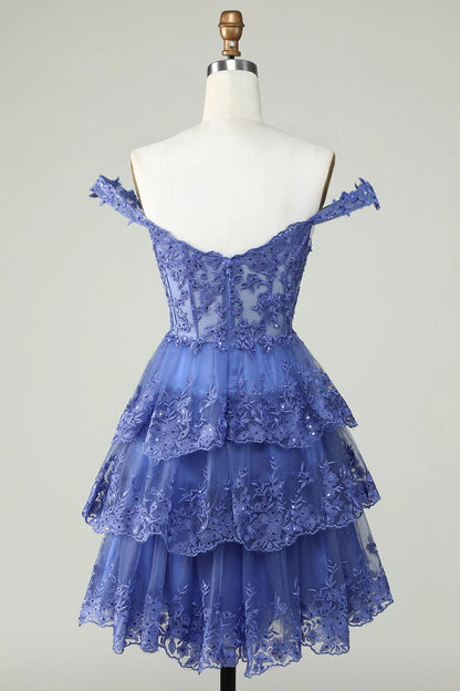Amzcw Cute A Line Corset Tiered Short Dark Blue Homecoming Dress with Lace