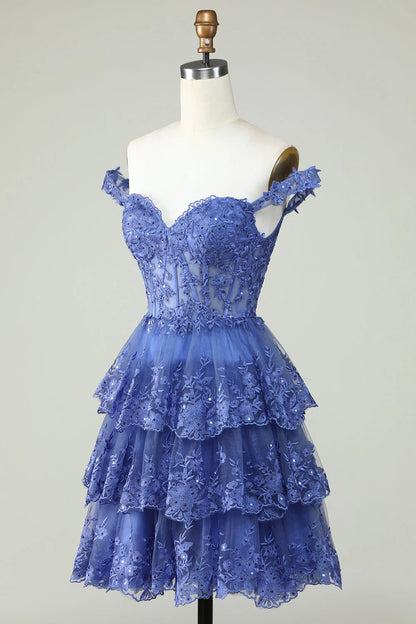 Amzcw Cute A Line Corset Tiered Short Dark Blue Homecoming Dress with Lace