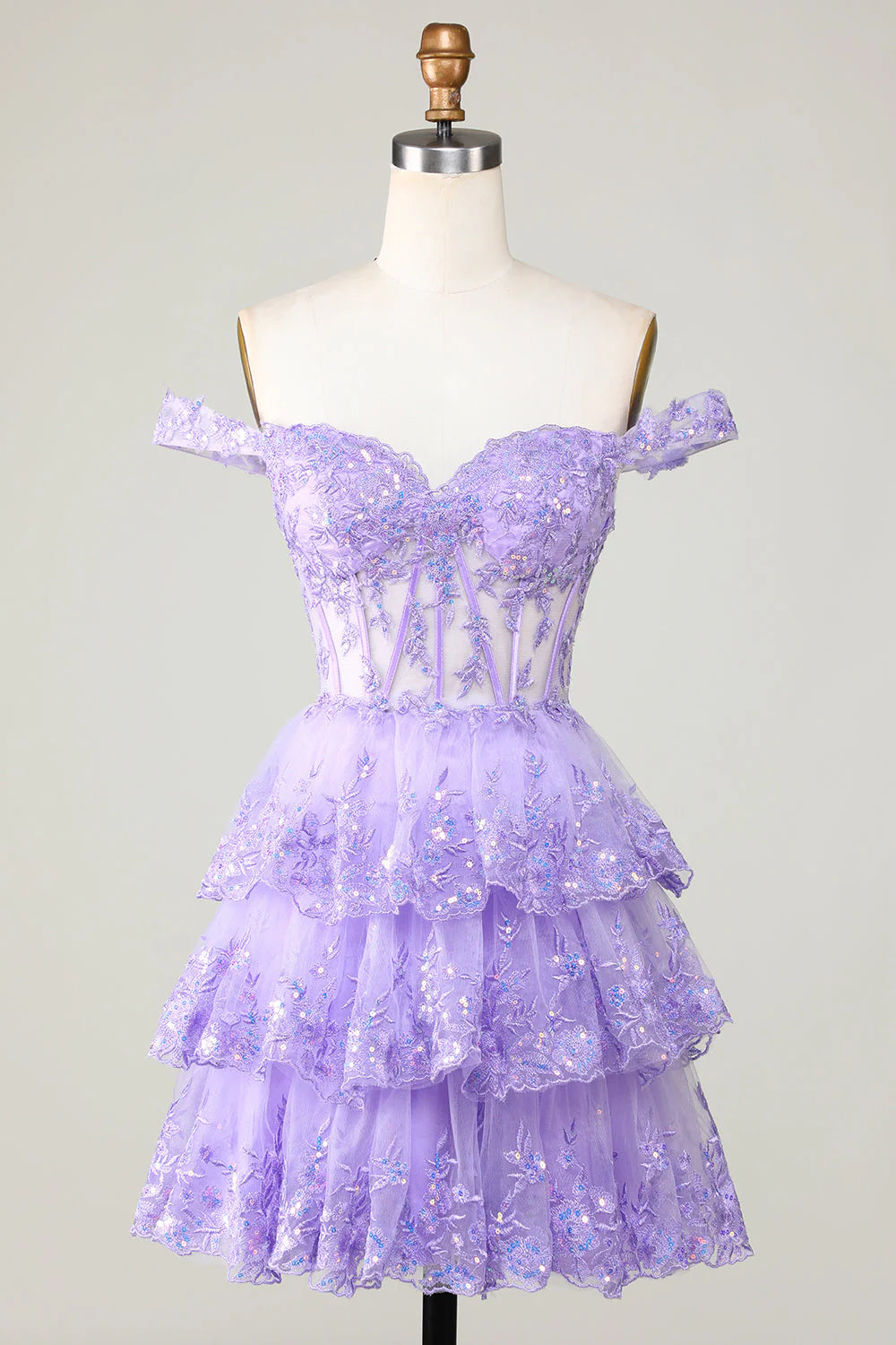 Amzcw Princess A Line Corset Tiered Purple Short Homecoming Dress with Lace