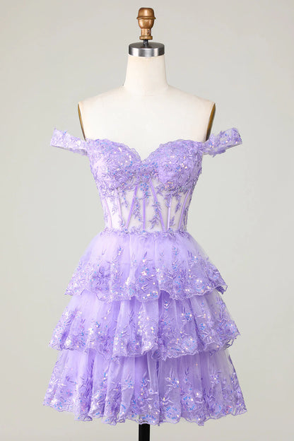 Amzcw Princess A Line Corset Tiered Purple Short Homecoming Dress with Lace