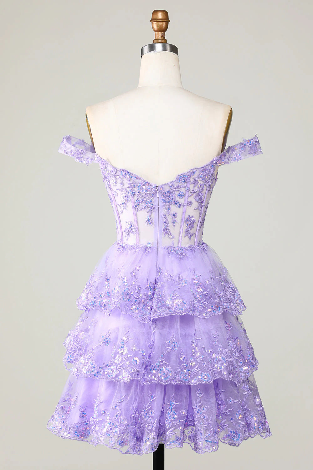 Amzcw Princess A Line Corset Tiered Purple Short Homecoming Dress with Lace