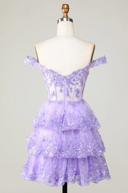 Amzcw Princess A Line Corset Tiered Purple Short Homecoming Dress with Lace