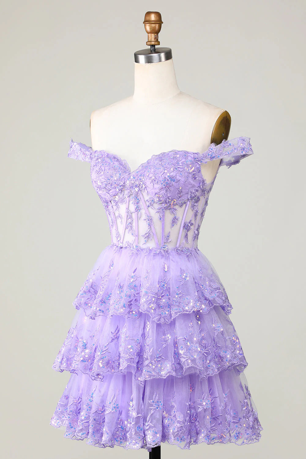 Amzcw Princess A Line Corset Tiered Purple Short Homecoming Dress with Lace