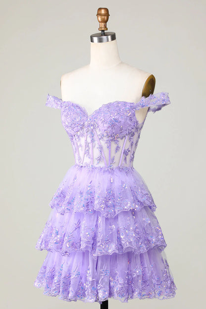 Amzcw Princess A Line Corset Tiered Purple Short Homecoming Dress with Lace