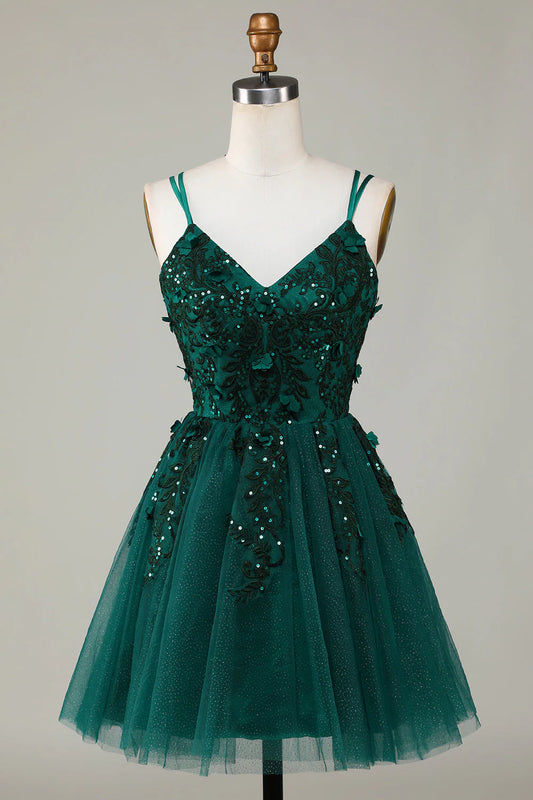 Amzcw Dark Green Stylish A Line Spaghetti Straps Short Homecoming Dress with Beading