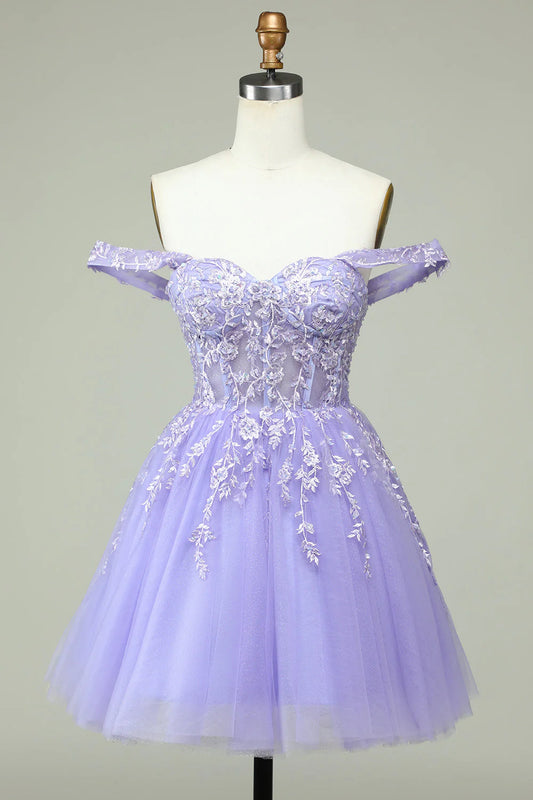 Amzcw Lilac A Line Off the Shoulder Corset Short Homecoming Dress with Appliques