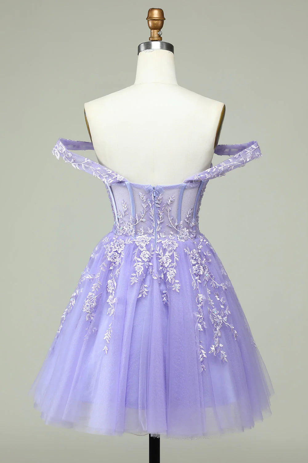 Amzcw Lilac A Line Off the Shoulder Corset Short Homecoming Dress with Appliques