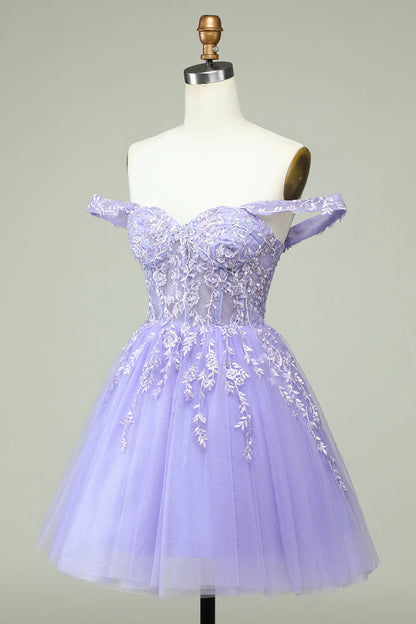 Amzcw Lilac A Line Off the Shoulder Corset Short Homecoming Dress with Appliques