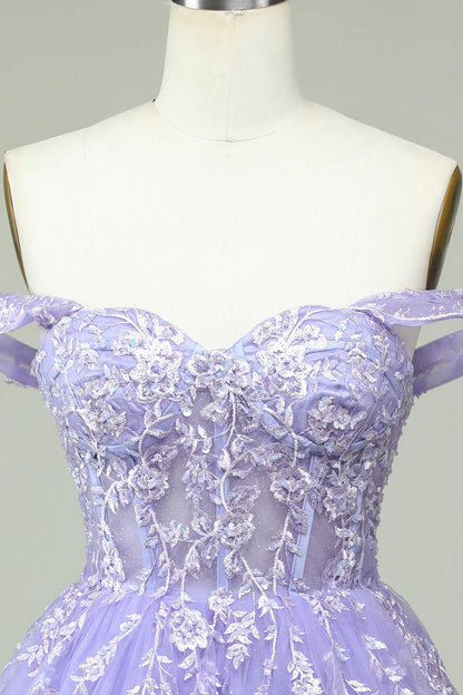 Amzcw Lilac A Line Off the Shoulder Corset Short Homecoming Dress with Appliques