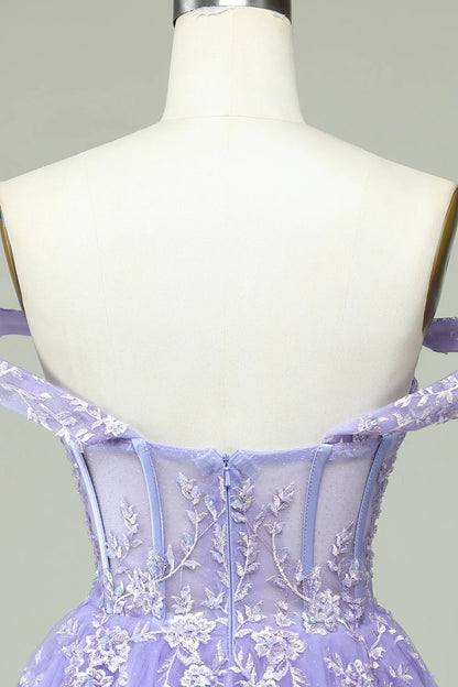Amzcw Lilac A Line Off the Shoulder Corset Short Homecoming Dress with Appliques