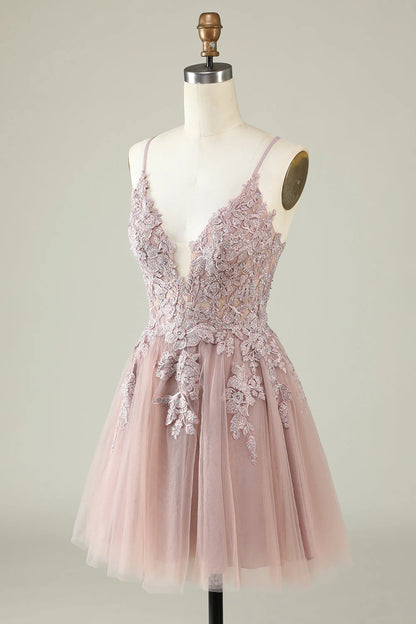 Amzcw Blush A Line Spaghetti Straps Short Homecoming Dress with Appliques
