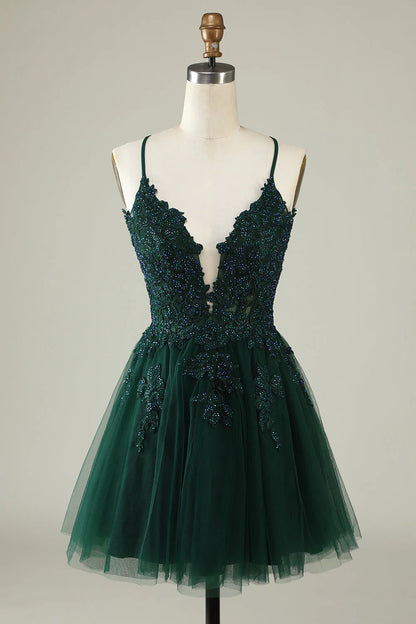 Amzcw Dark Green A Line Spaghetti Straps Short Homecoming Dress with Appliques