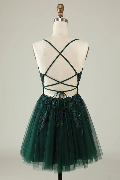 Amzcw Dark Green A Line Spaghetti Straps Short Homecoming Dress with Appliques