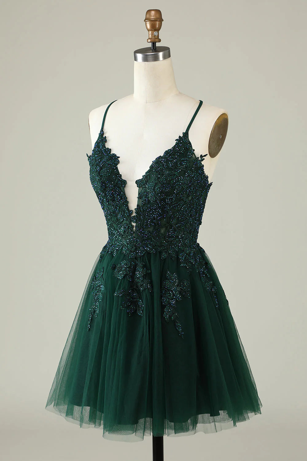 Amzcw Dark Green A Line Spaghetti Straps Short Homecoming Dress with Appliques