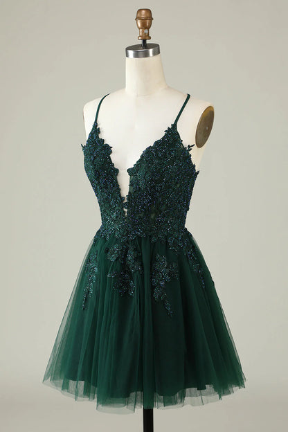 Amzcw Dark Green A Line Spaghetti Straps Short Homecoming Dress with Appliques