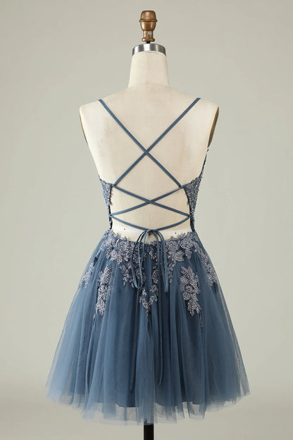 Amzcw A Line Spaghetti Straps Grey Blue Short Homecoming Dress with Appliques