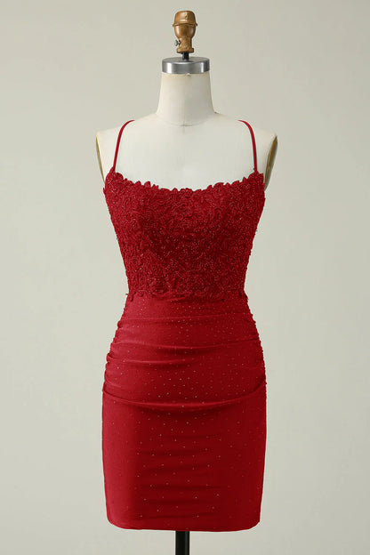 Amzcw Dark Red Sheath Spaghetti Straps Short Homecoming Dress with Appliques