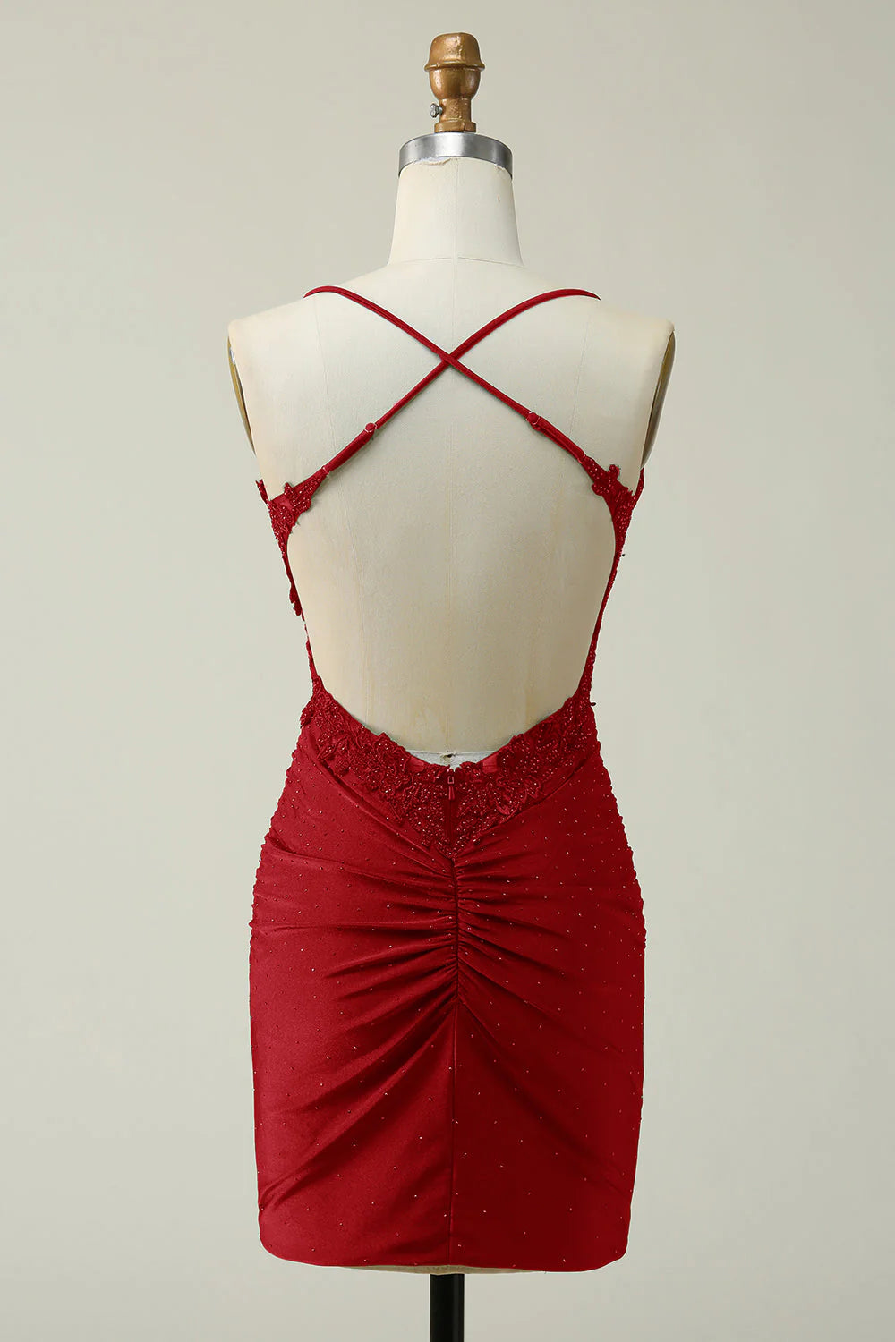 Amzcw Dark Red Sheath Spaghetti Straps Short Homecoming Dress with Appliques