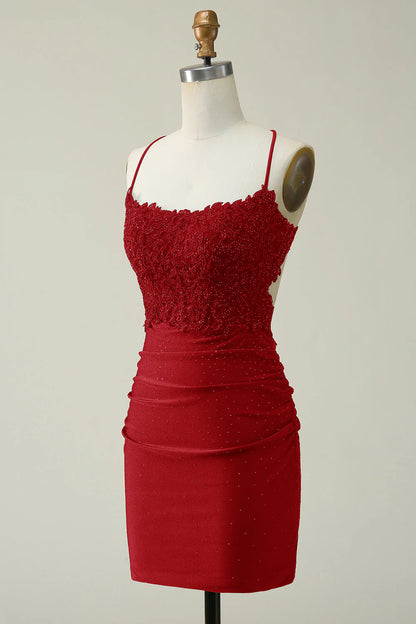 Amzcw Dark Red Sheath Spaghetti Straps Short Homecoming Dress with Appliques