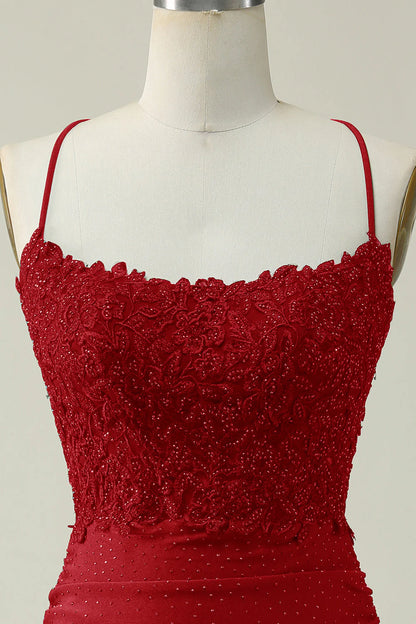 Amzcw Dark Red Sheath Spaghetti Straps Short Homecoming Dress with Appliques