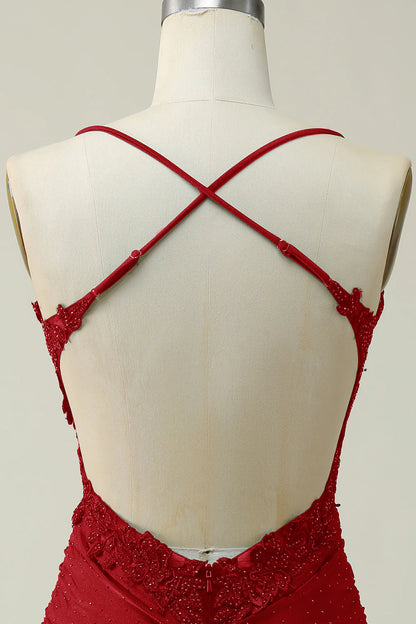 Amzcw Dark Red Sheath Spaghetti Straps Short Homecoming Dress with Appliques