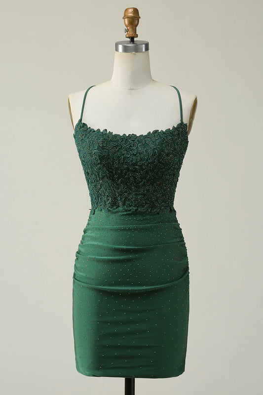 Amzcw Dark Green Sheath Spaghetti Straps Homecoming Dress with Appliques