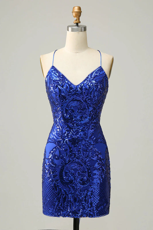 Amzcw Sheath Spaghetti Straps Royal Blue Sequins Short Homecoming Dress