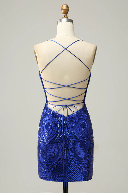 Amzcw Sheath Spaghetti Straps Royal Blue Sequins Short Homecoming Dress