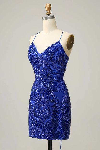 Amzcw Sheath Spaghetti Straps Royal Blue Sequins Short Homecoming Dress