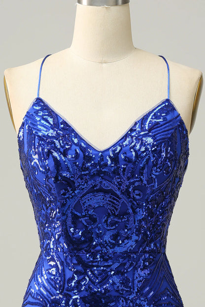Amzcw Sheath Spaghetti Straps Royal Blue Sequins Short Homecoming Dress
